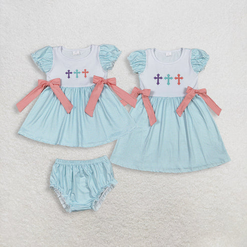 11.4 RTS Embroidery Crosses Baby Girls Bows Easter Knee Length Dresses Bummies Clothes Sets