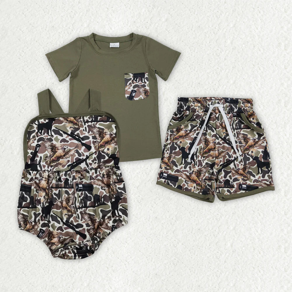 2.3 RTS Sibling Baby Boys Shirt Top Dog Ducks Camo Pockets Short Hunting Clothes Set Strap Rompers