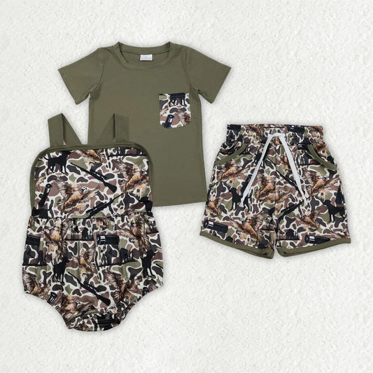 2.3 RTS Sibling Baby Boys Shirt Top Dog Ducks Camo Pockets Short Hunting Clothes Set Strap Rompers