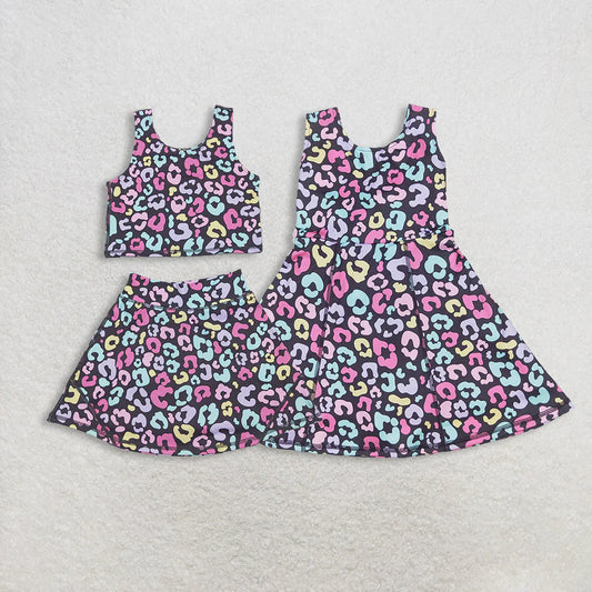 11.13 RST Sibling Baby Girls Colorful Leopard Shorts Yoga Clothes Set Knee Length Dresses