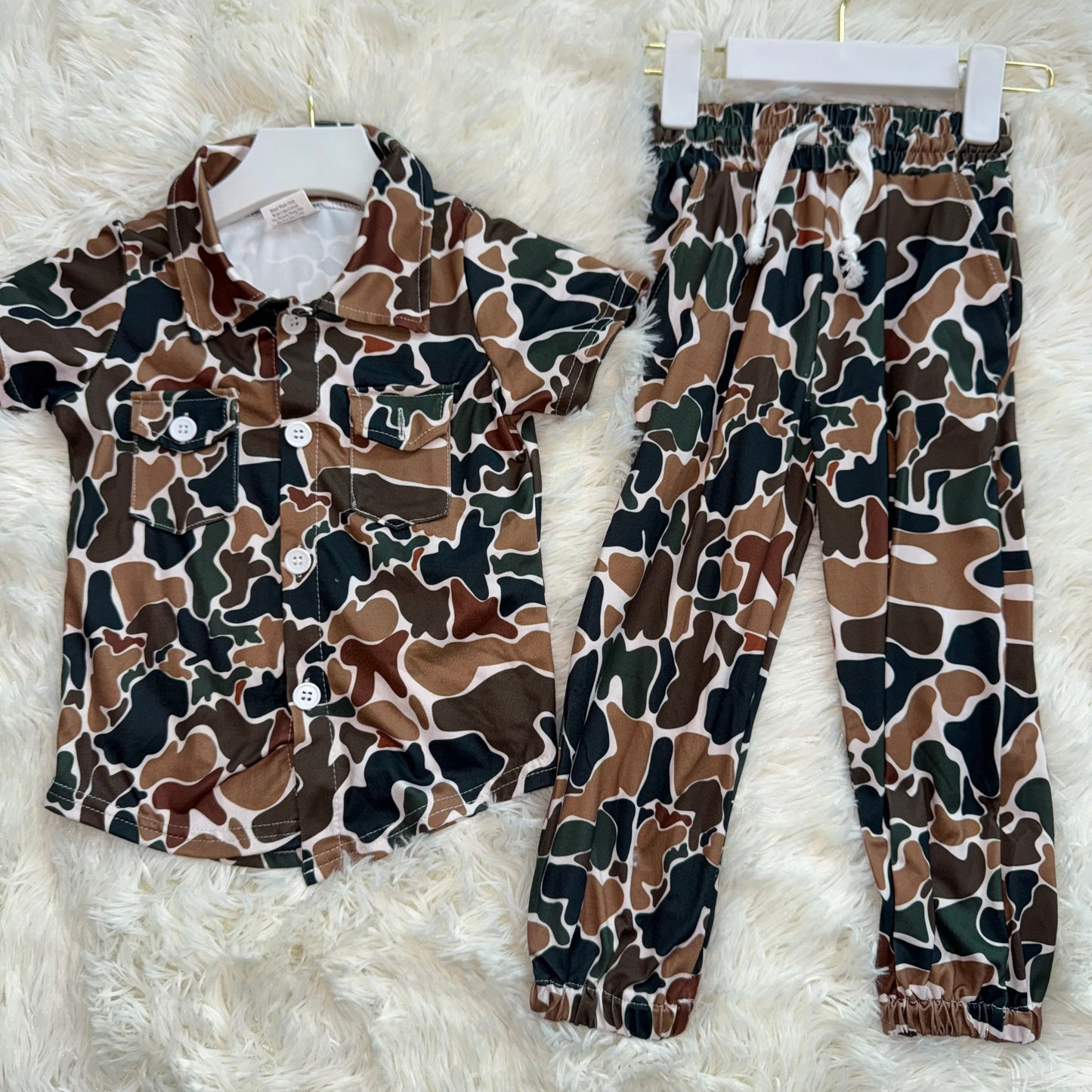 11.6 RST BT1200+ P0650 Baby Boys Dark Brown Camo Short Sleeves Button Pockets Shirts Tops Bottoms Pants