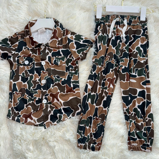 11.6 RST BT1200+ P0650 Baby Boys Dark Brown Camo Short Sleeves Button Pockets Shirts Tops Bottoms Pants