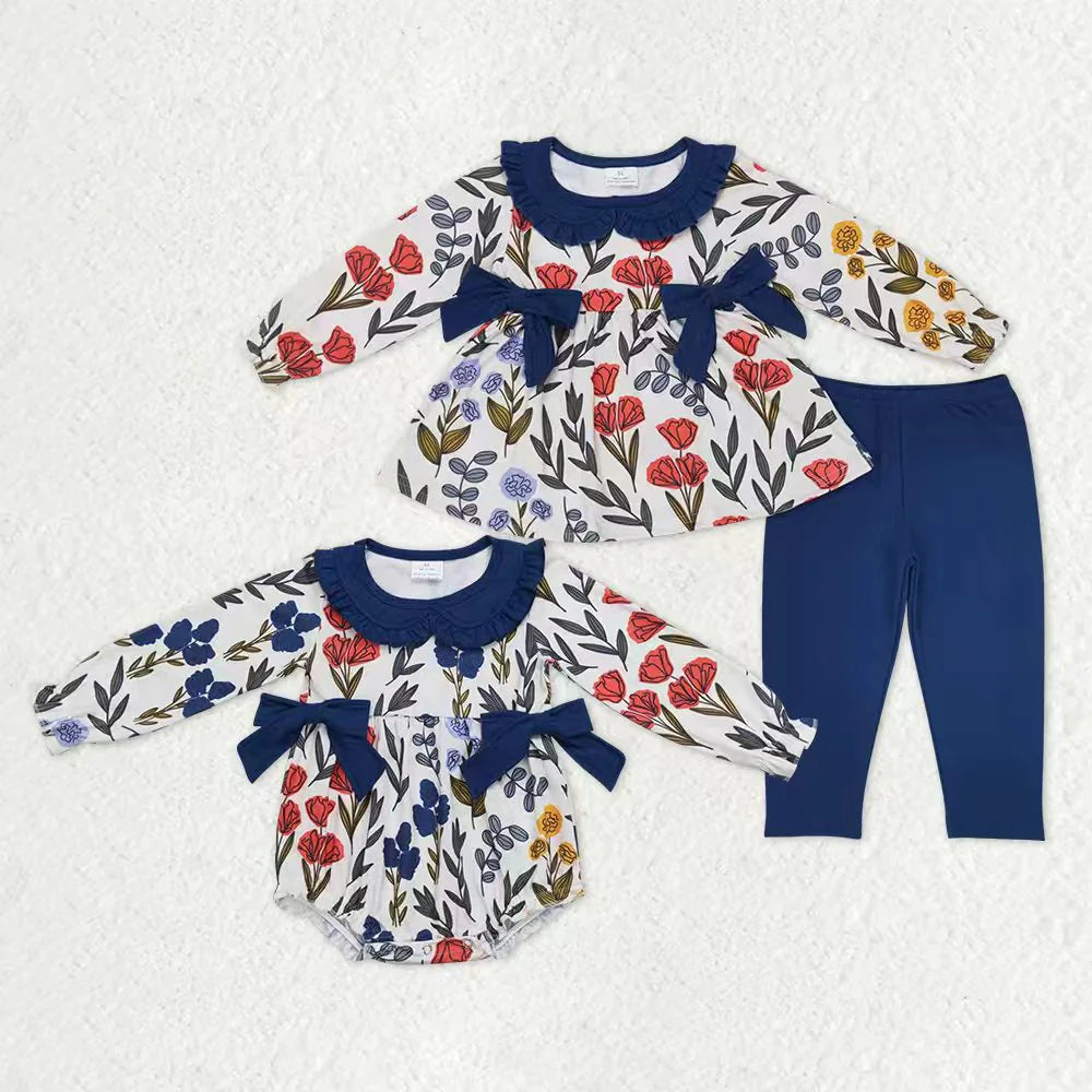 1.8 RTS Sibling Baby Girls Navy Floral Bows Tunic Leggings Clothes Set Ruffle Romper