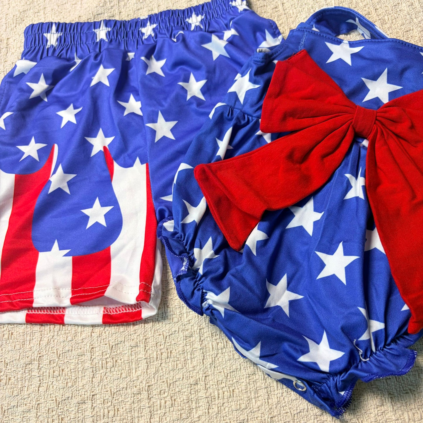 5.5 RTS Sibling Blue straps stars ruffle bow baby kids 4th of july dresses shorts and romper