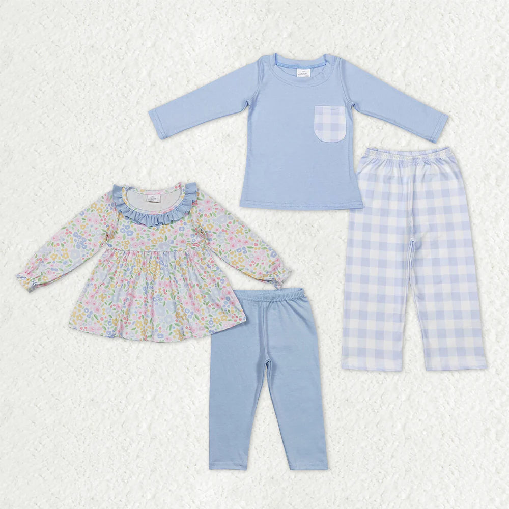 1.8 RTS Sibling Baby Boys Girls Flowers Checked Top Pants Clothes Sets