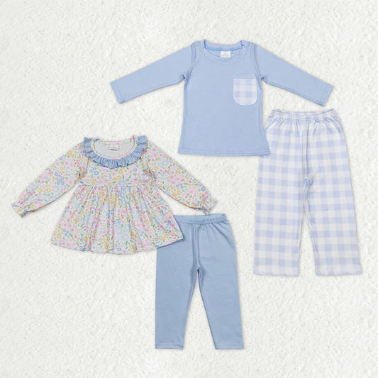 1.8 RTS Sibling Baby Boys Girls Flowers Checked Top Pants Clothes Sets