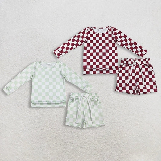 2.6 RTS Sibling Baby Girls Long Sleeve Checked Top Pockets Short Pajamas Clothes Sets