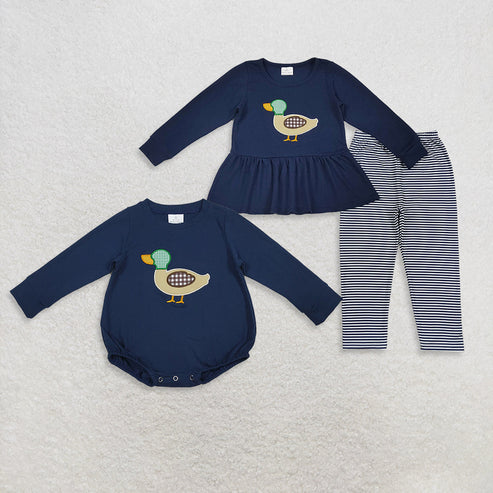 9.19 RTS Sibling Baby Boys Girls Embroidery Duck Long Sleeves Tunic Pants Clothes Sets Rompers