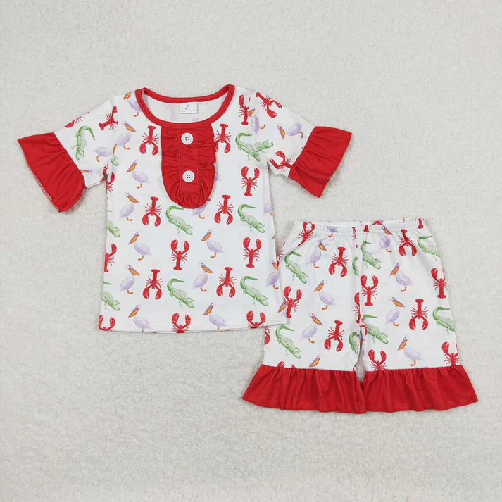 Blue and red crayfish red lace short-sleeved shorts suit & short-sleeved dress