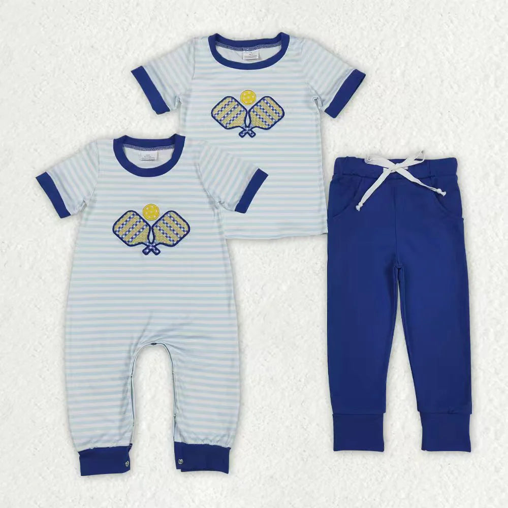 11.28 RTS Sibling Baby Boys Blue Stripe Embroidery Tennis Pants Team Clothes Set Footie Rompers