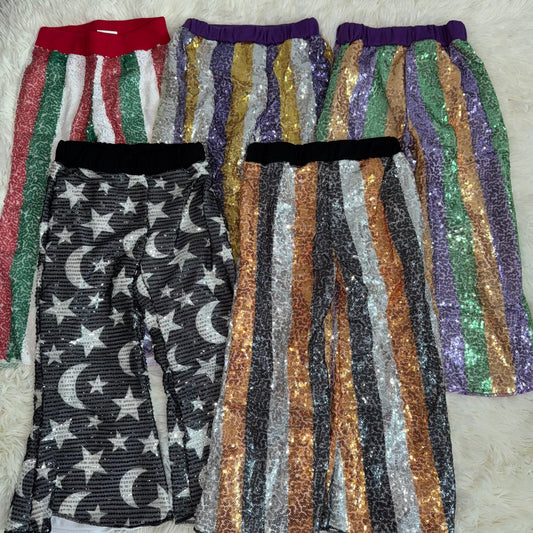 11.12 RTS Sibling Baby Girls Mardigras Stripes Checked Flare Bell Bottom Pants