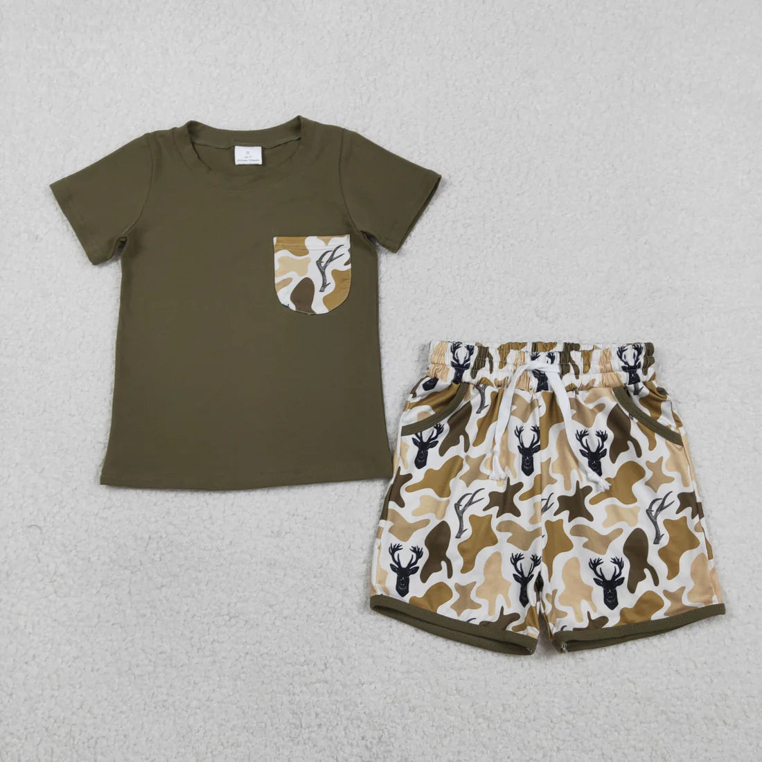 1.27 RTS Sibling Baby Boys Shirt Top Deer Camo Pockets Short Hunting Clothes Set Strap Rompers