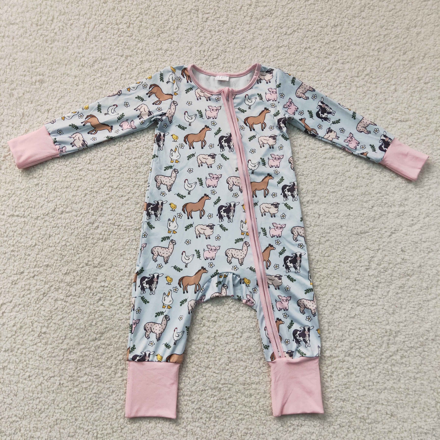 LR2401  RTS NO MOQ （In stock）Baby Girls Farm Horse Chick Long Sleeve Zipper Rompers