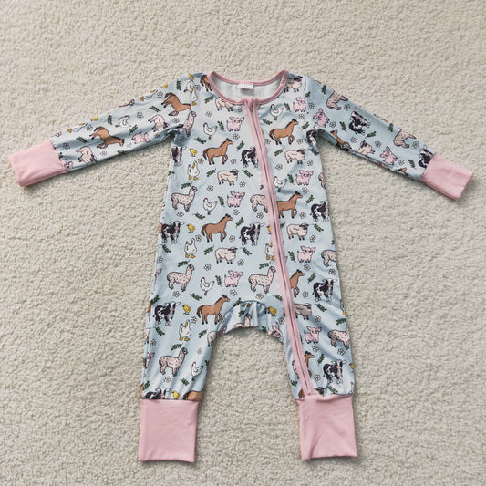 LR2401  RTS NO MOQ （In stock）Baby Girls Farm Horse Chick Long Sleeve Zipper Rompers