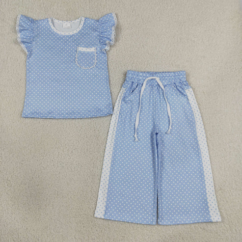 RTS NO MOQ Sibling Baby Girls Flutter Sleeve Polka Dots Top Pockets Flare Pants Clothes Sets