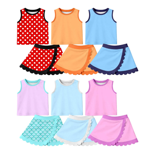 4.8 Pre order No Moq Baby Girls Polka Dots Vest Scallop Skirt Short Yoga Active Clothes Set