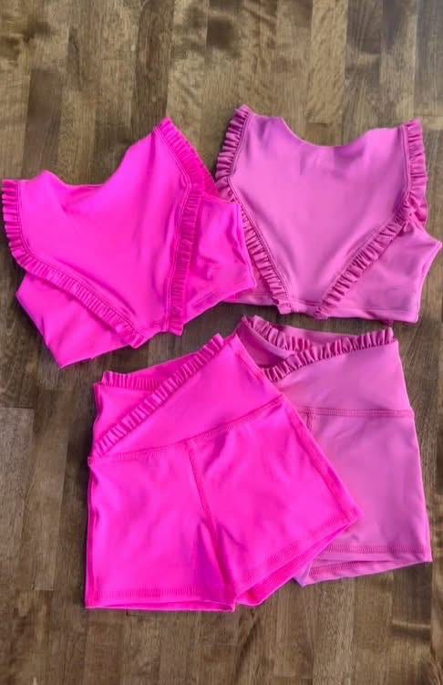 Girls Pink Ruffle Crop Top Shorts Set Yoga Outfit Fitness Clothing for Kids