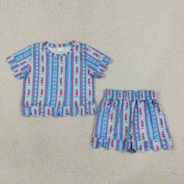 GSSO3554 RTS NO MOQ （In stock）Baby Girls Bows Flowers Stripe Top Scallop Pocket Shorts Sets