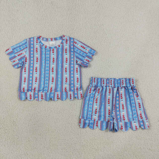 GSSO3554 RTS NO MOQ （In stock）Baby Girls Bows Flowers Stripe Top Scallop Pocket Shorts Sets