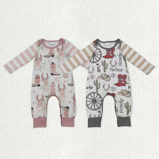1.8 RTS Sibling Baby Boys Girls Western Boots Cactus Flowers Rompers