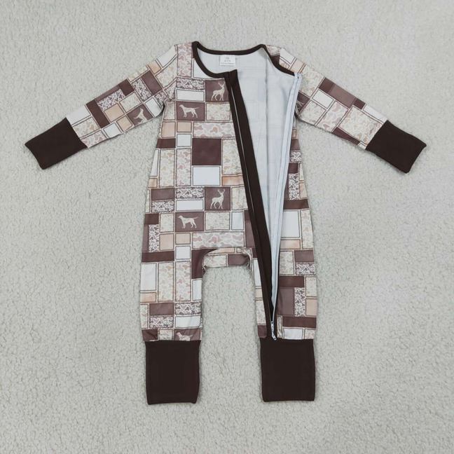 LR3118 RTS NO MOQ （In stock）Baby Boys Wild Ducks Dogs Deer Animal Camo Print Two Way Full Zip Convertible Long Sleeve Romper