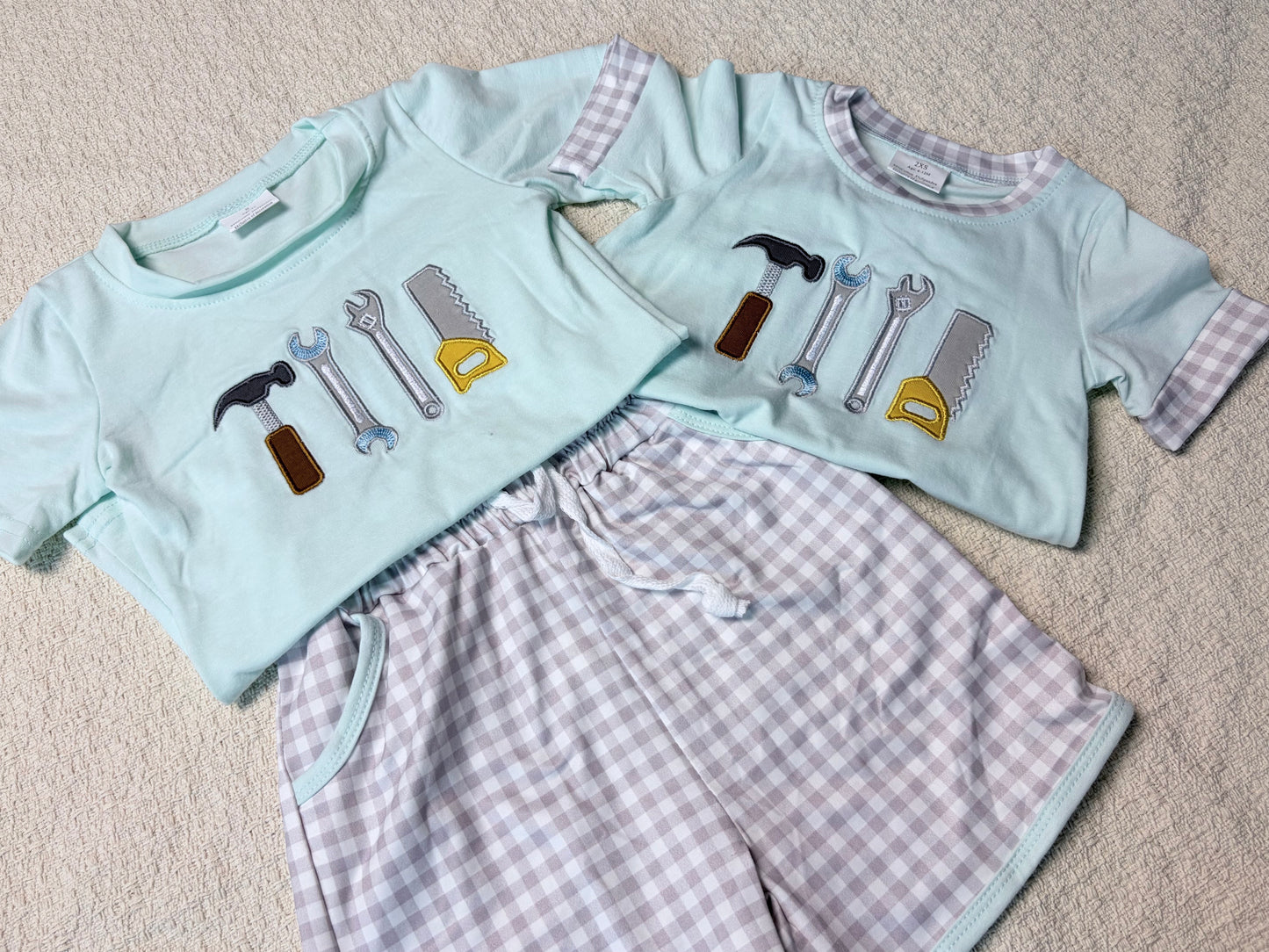 0430 RTS Sibling Short sleeves tools embroidery kids boys summer outfits and romper