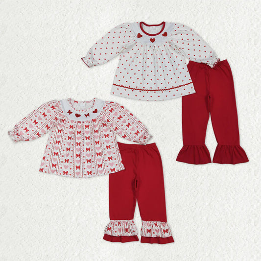 12.18 RTS Sibling Baby Girls Embroidery Bows Hearts Tunic Ruffle Pants Valentines Clothes Sets
