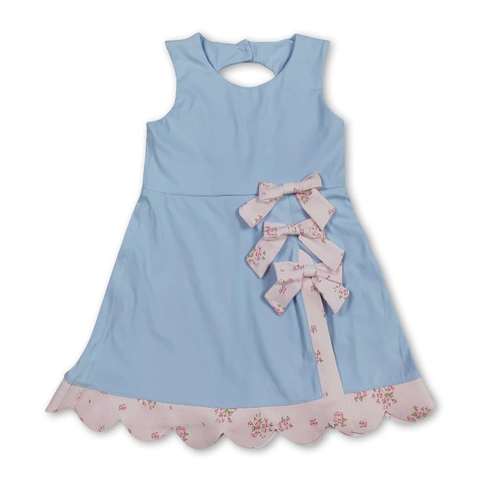 RTS NO MOQ Sibling yoga fabric Baby Girls Bow Scallop Trim Knee Length  Athletic Short Dress