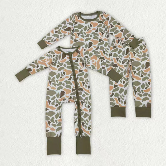 9.23 RTS Sibling Baby Boys Green Khaki Camo Top Pants Western Pajamas Sets Zipper Rompers