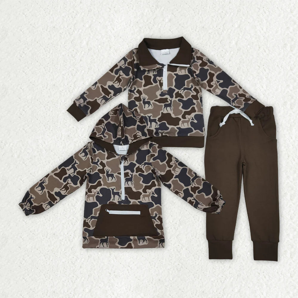 11.10 RTS Sibling Baby Boys Deer Camo Zipper Pullovers Pockets Jogger Hunting Clothes Set Hoodies Top