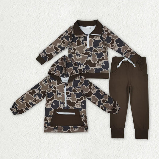 11.10 RTS Sibling Baby Boys Deer Camo Zipper Pullovers Pockets Jogger Hunting Clothes Set Hoodies Top