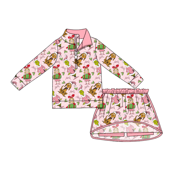 Pre order No Moq Baby Girls Cute Long Sleeve Zip Top Skirt Short Christmas Clothes Sets