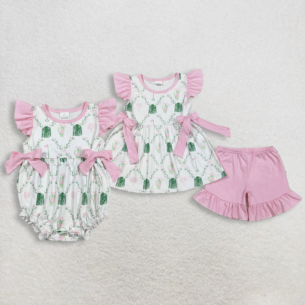 1.27 RTS Sibling Baby Girls Pink Flower Golf Checked Tunic Ruffle Shorts Clothes Set Rompers
