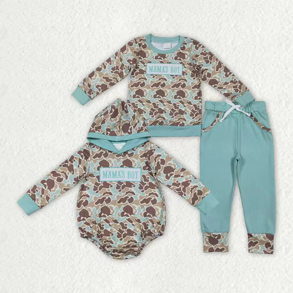 11.25 RTS Sibling Baby Boys Embroidery Mama's Boy Green Camo Pockets Pants Clothes Sets Hoodie Romper
