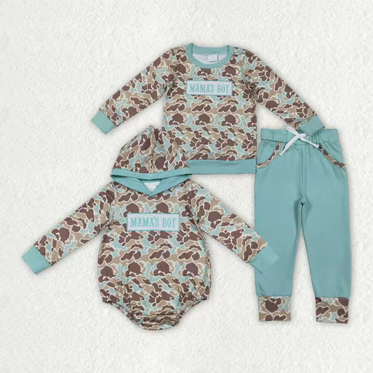 11.25 RTS Sibling Baby Boys Embroidery Mama's Boy Green Camo Pockets Pants Clothes Sets Hoodie Romper