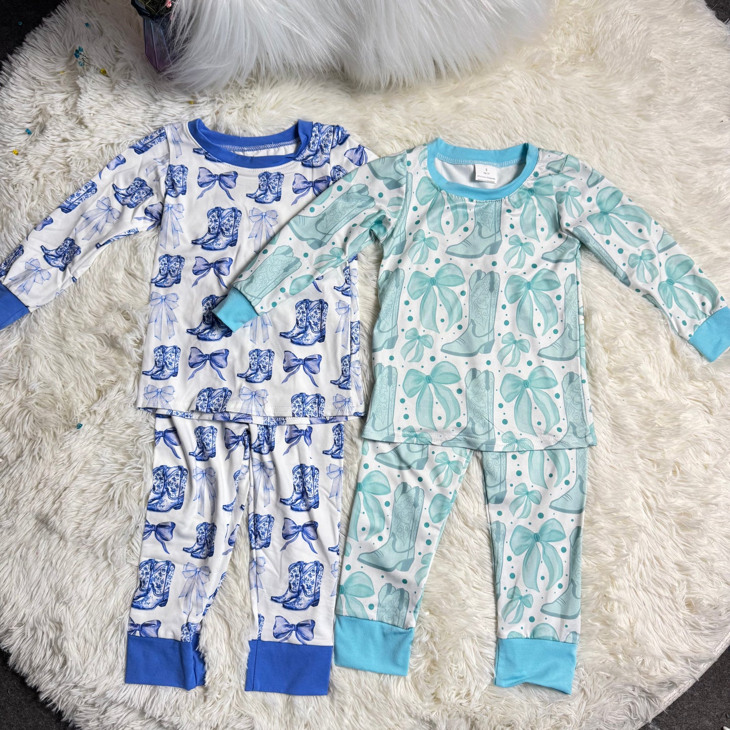 12.24 RST Sibling Baby Girls Long Sleeve Bows Boots Top Pants Western Pajamas Sets