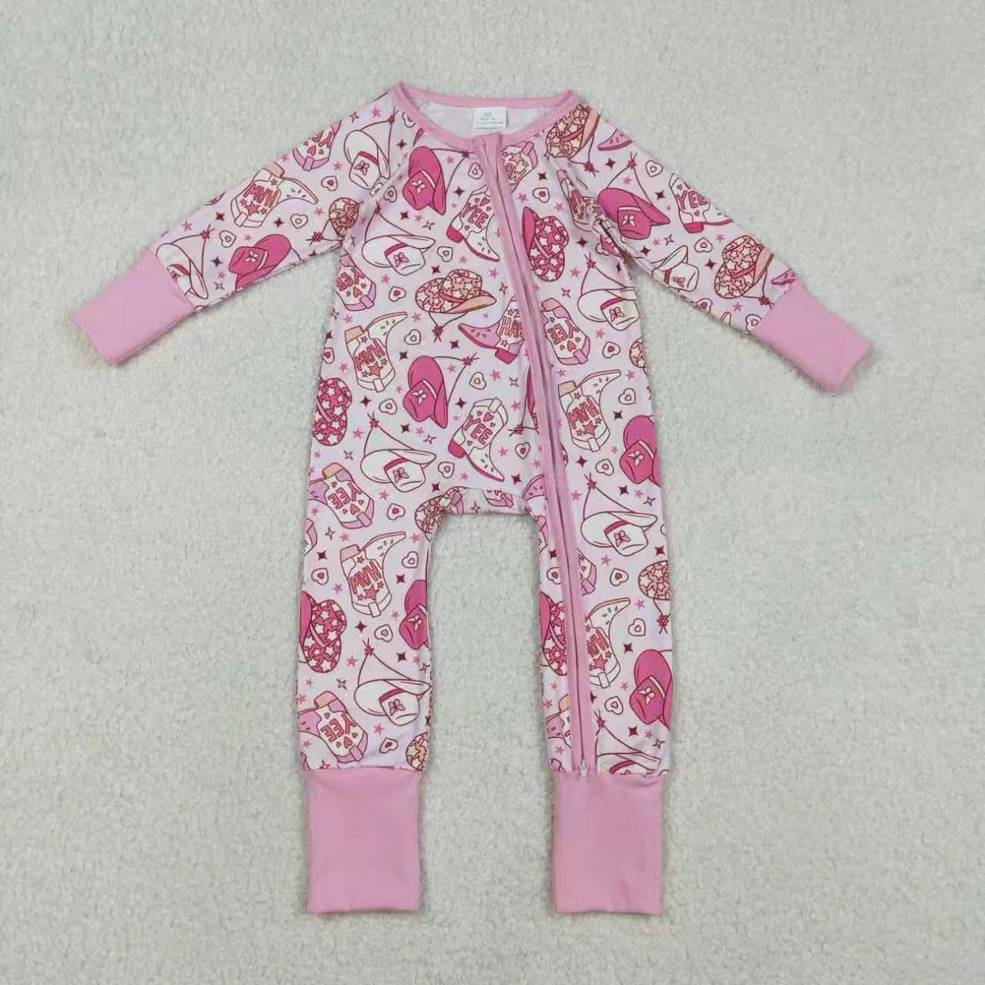 12.26 RTS Sibling Baby Girls Pink Hats Boots Top Pants Western Pajamas Set Zipper Rompers