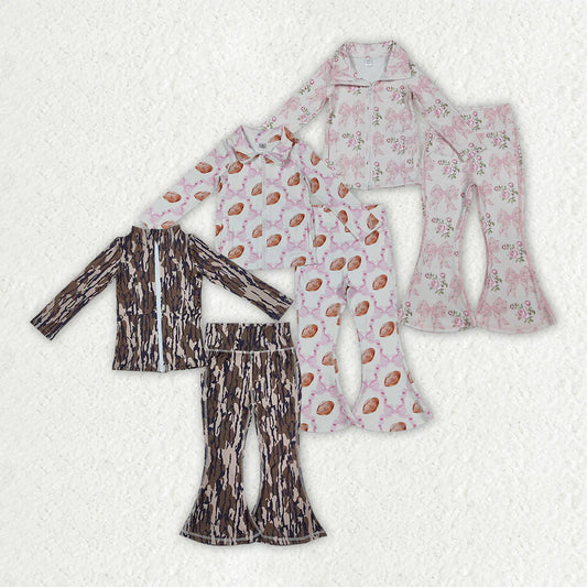 9.22 RTS Sibling Baby Girls Floral Footballs Bottomland Camo Pullovers Jeckets Bell Bottom Pants Yoga Active Clothes Sets