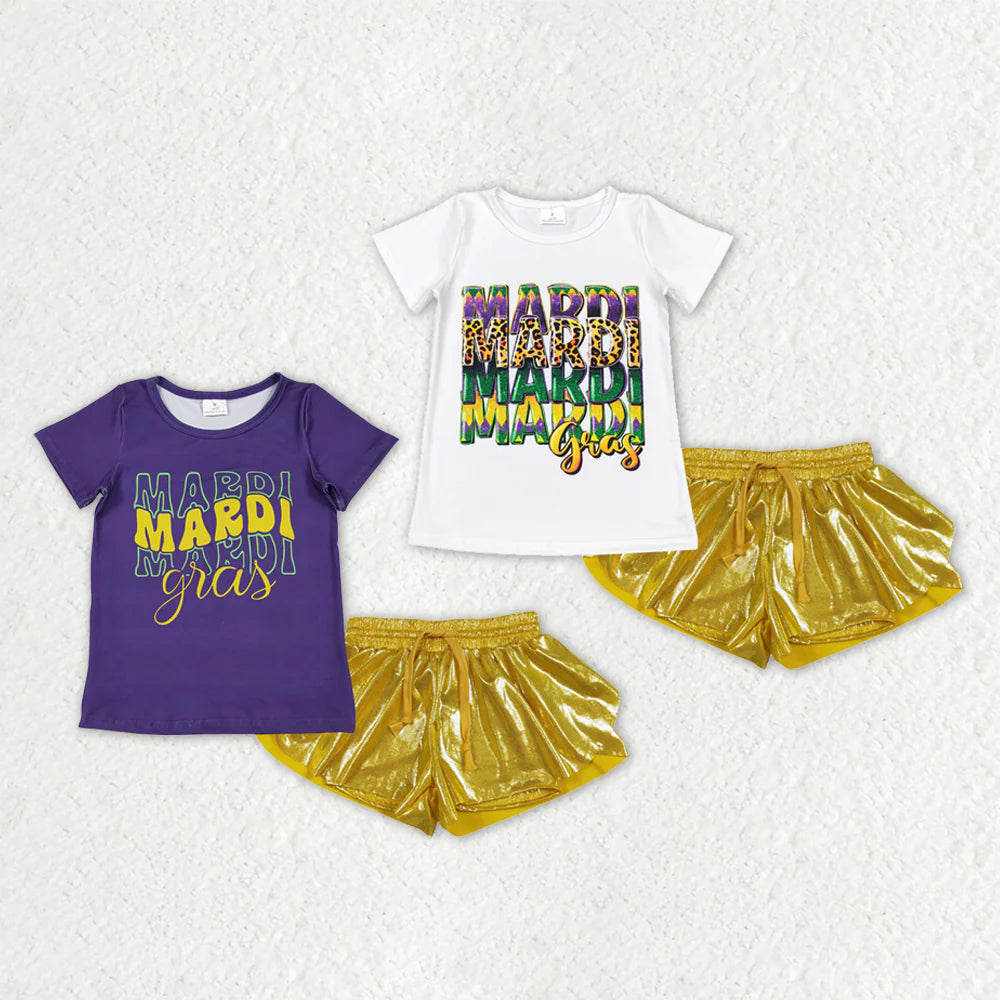 3.18 RTS Sibling Baby Girls Short Sleeve Mardigras Top Ruffle Shorts Clothes Sets