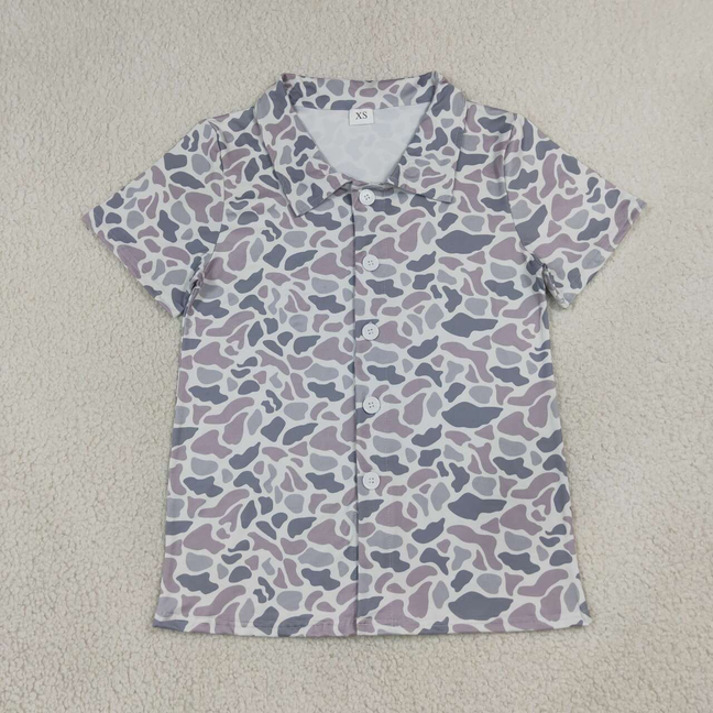 BT1609 RTS NO MOQ （In stock） Adult Men Grey Camo Short Sleeve Button Shirts Top