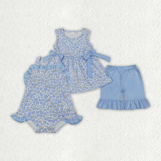 11.10 RTS Sibling Baby Girls Blue Flowers Bows Tunic Ruffle Shorts Clothes Sets Rompers