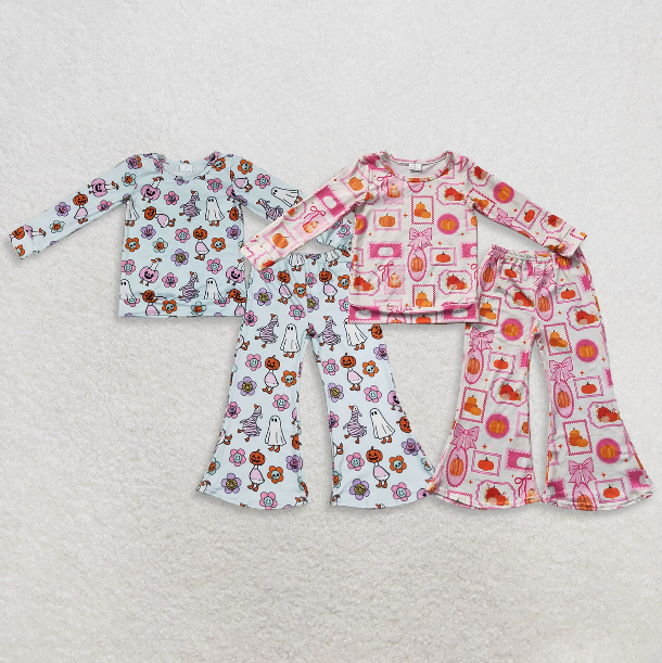 RTS NO MOQ Sibling milk silk Baby Girls Bow Pumpkin Check Top Flare Trousers Set