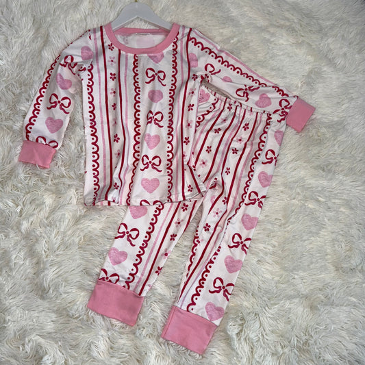 11.14 RST GLP2984 Baby Girls Pink Bows Hearts Stripe Top Pant Valentine Pajamas Sets