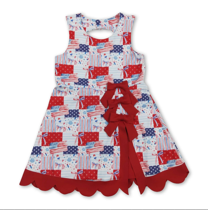 RTS NO MOQ Sibling yoga fabric Baby Girls Bow Scallop Trim Knee Length  Athletic Short Dress
