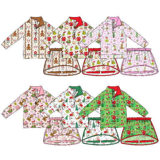 Pre order No Moq Baby Girls Cute Long Sleeve Zip Top Skirt Short Christmas Clothes Sets