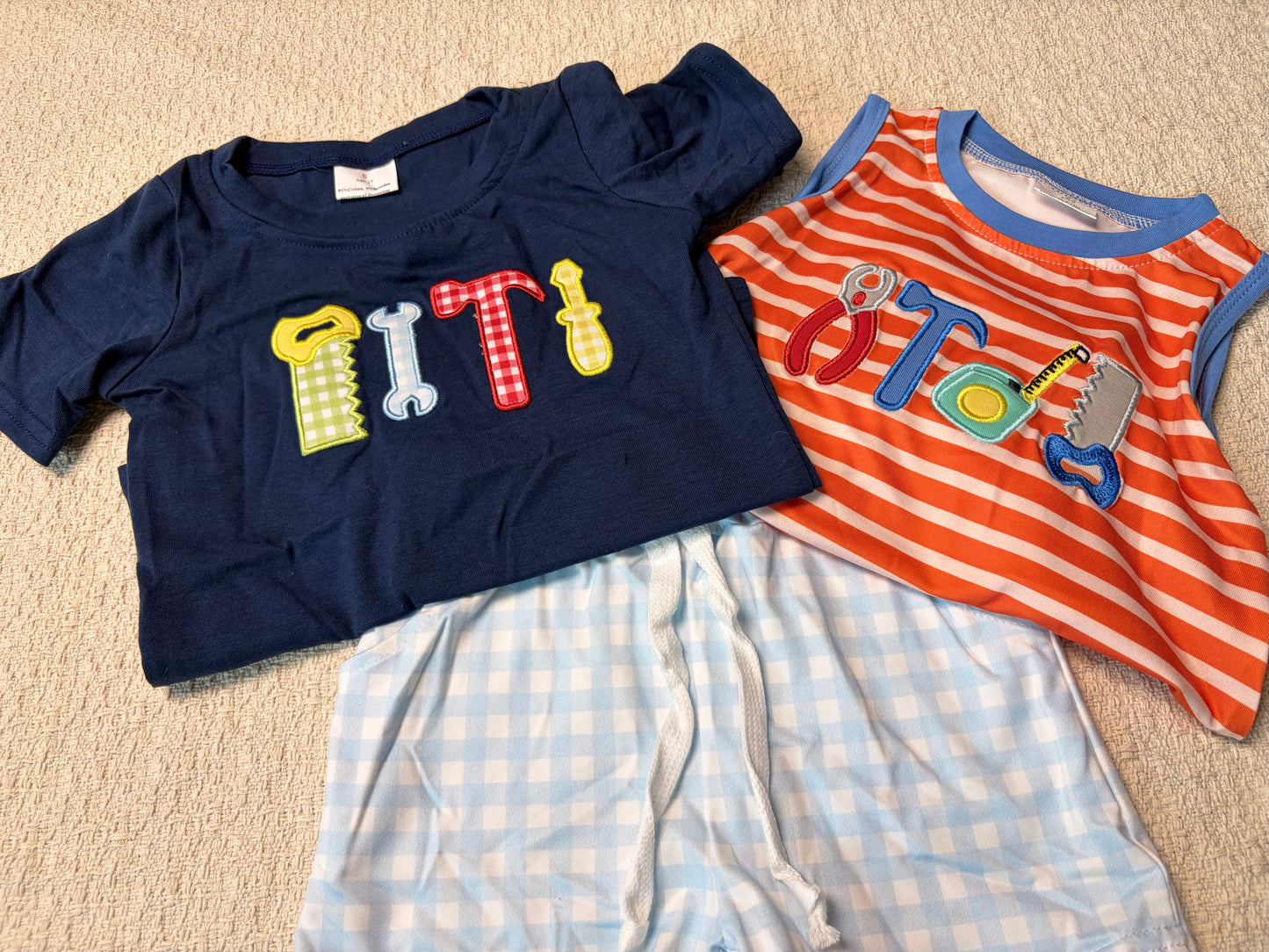 0430 RTS Sibling Short sleeves navy tools baby boys clothes and romper