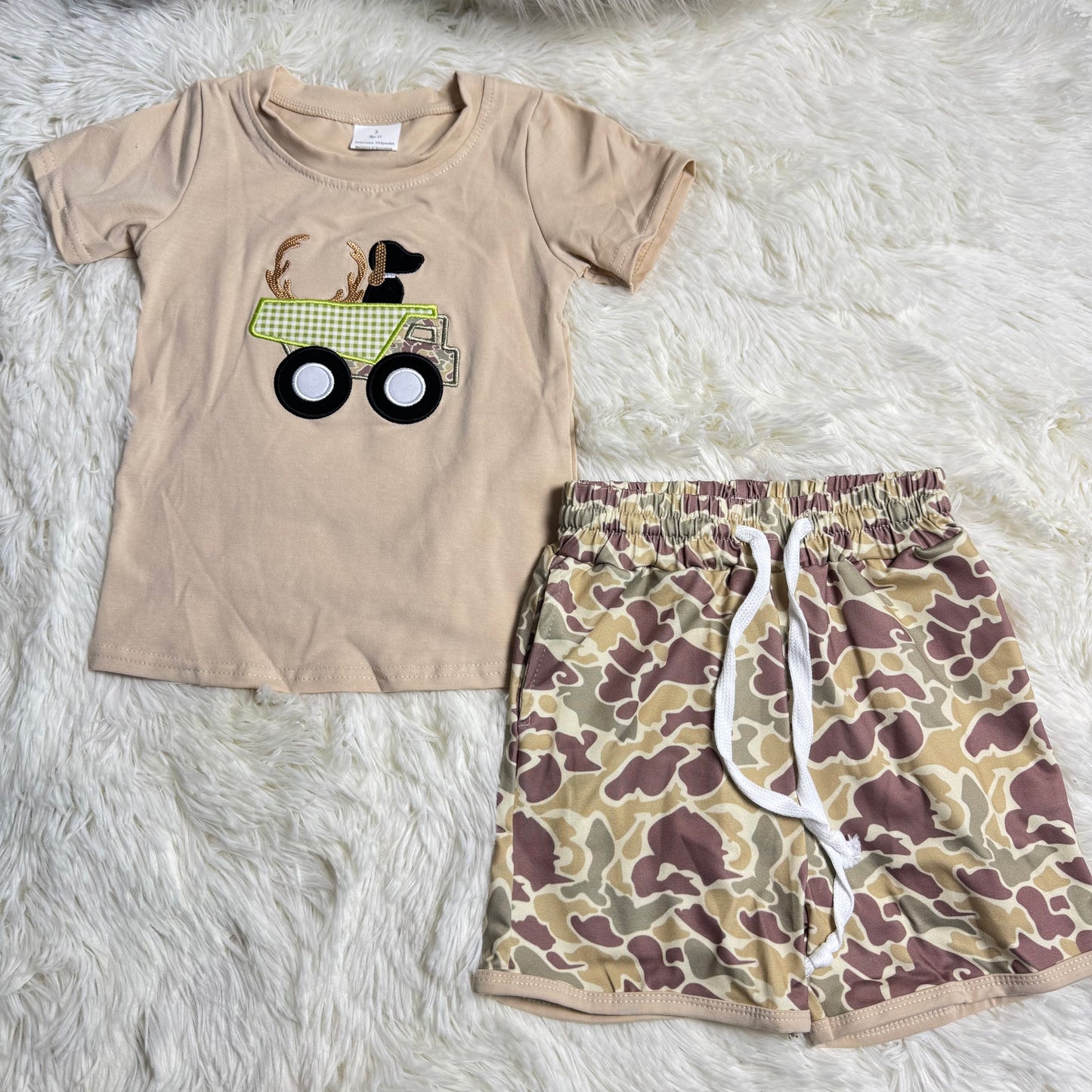 12.25 RST BSSO1576 Embroidery Deer Truck Baby Boys Khaki Top Camo Shorts Hunting Clothes Sets