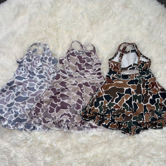 10.31 RST Sibling Baby Girls Strap Camo Yoga Ruffle Knee Length Dresses