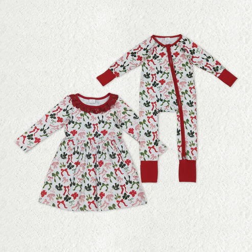 9.23 RTS Sibling Baby Girls Green Face Miss Christmas Pajamas Set Zipper Footed Romper