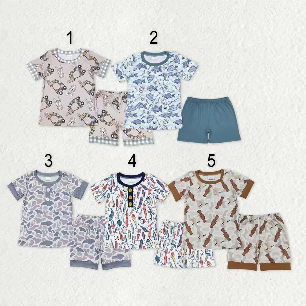12.18 RTS Sibling Baby Boys Short Sleeve Deer Fishing Top Shorts Hunting Pajamas Sets